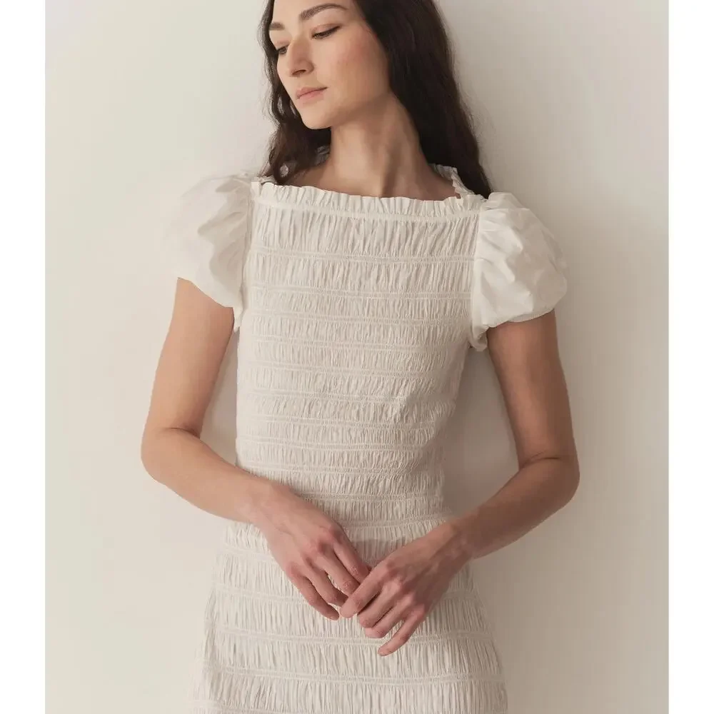 DOEN Rizzo Smocked Mini Dress in "Salt" White Cream Size Small - Picture 2 of 10